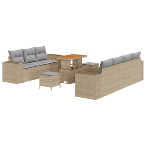 Set Divano da Giardino da 10 Pezzi con Cuscini Beige Polyrattan Acacia