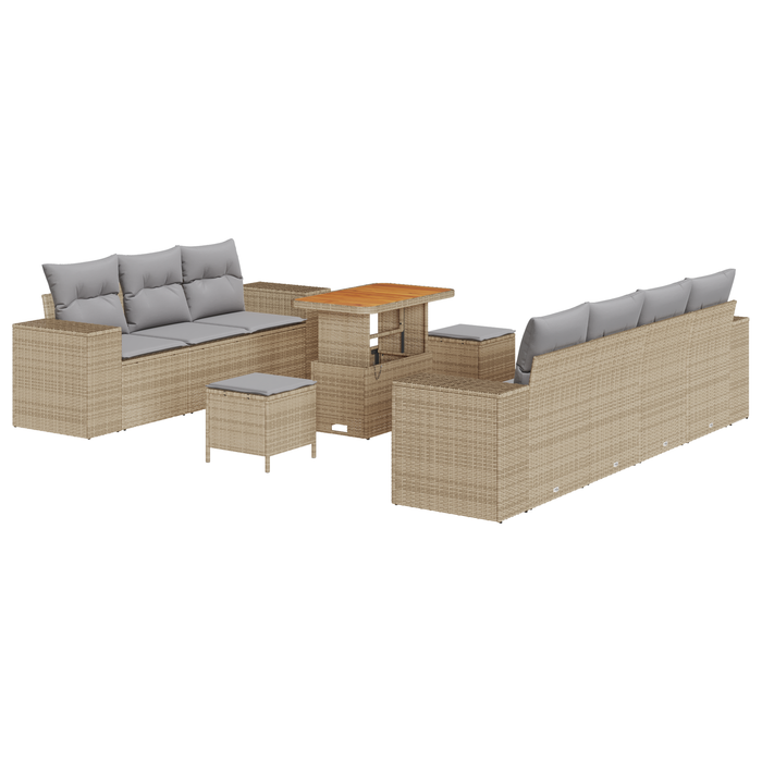 Set Divano da Giardino da 10 Pezzi con Cuscini Beige Polyrattan Acacia
