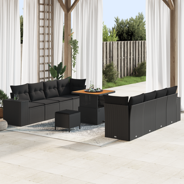 Set di divani da giardino 11 pezzi con cuscini Nero Polyrattan Acacia