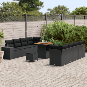 Set di divani da giardino 11 pezzi con cuscini Nero Polyrattan Acacia