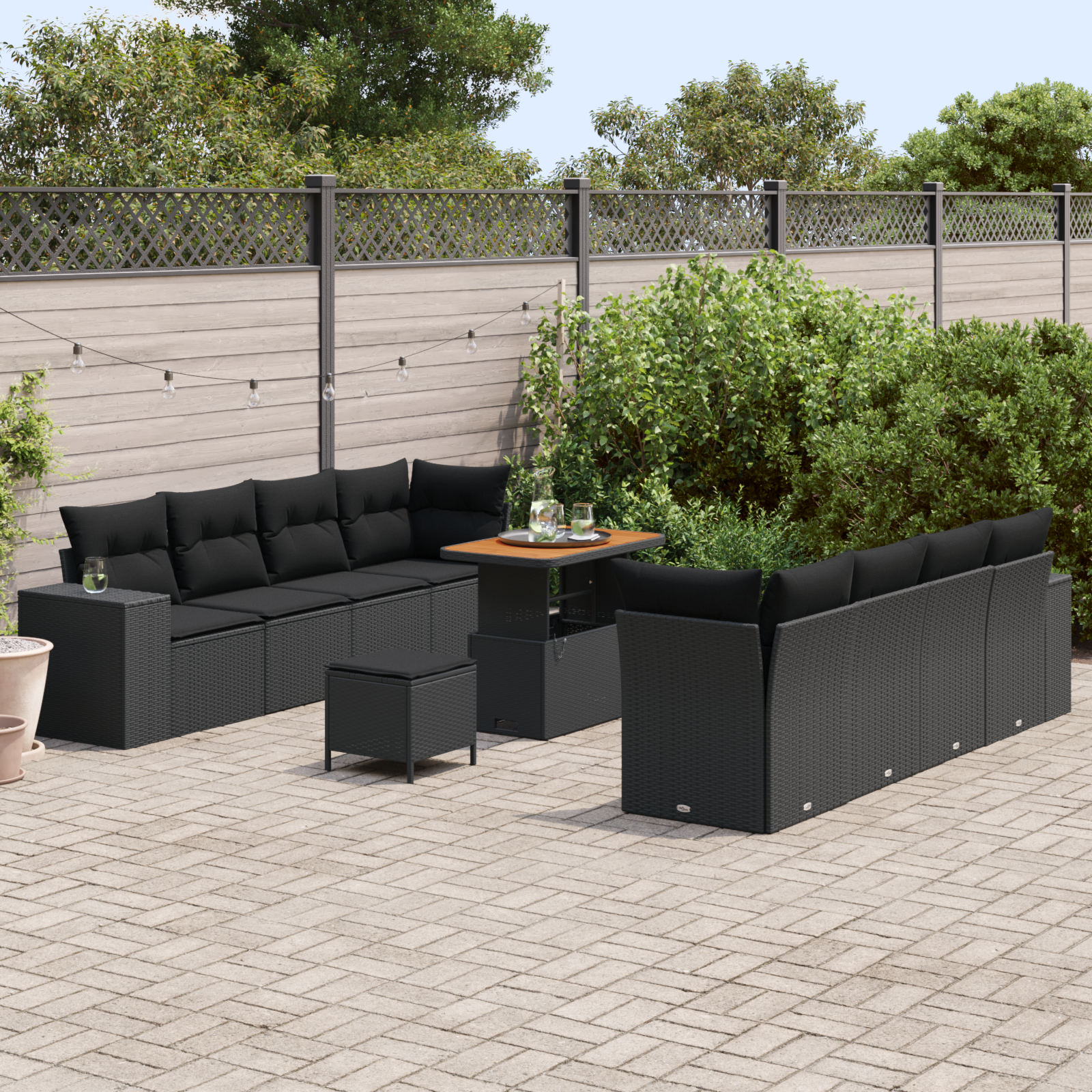 Set divano da giardino da 11 pezzi con cuscini in polirattan nero e acacia