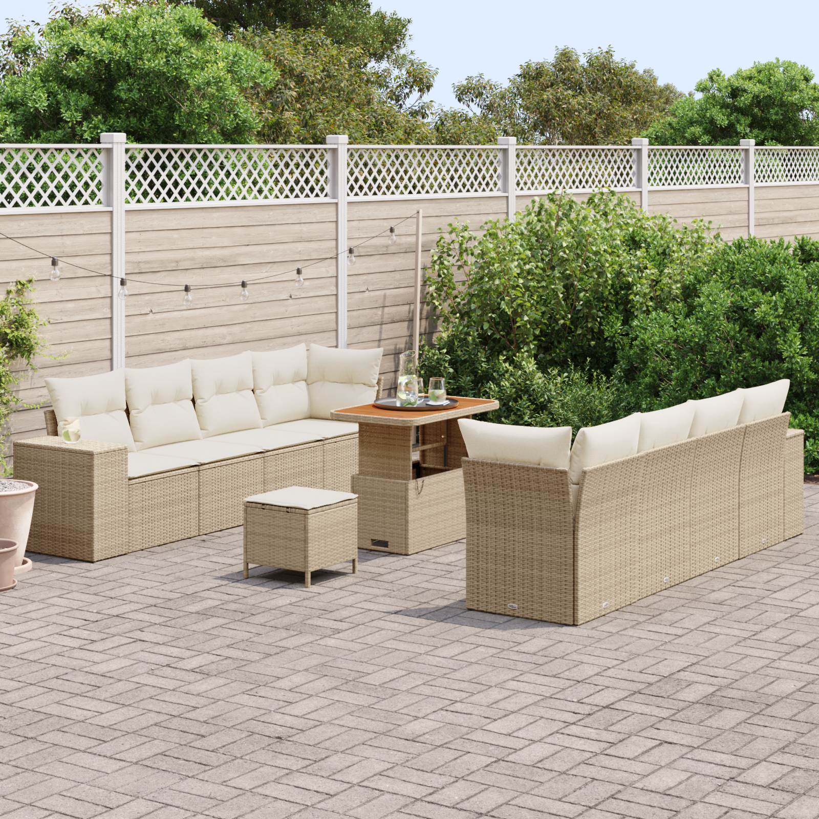 Set divano giardino 11 pezzi con cuscini panna polyrattan
