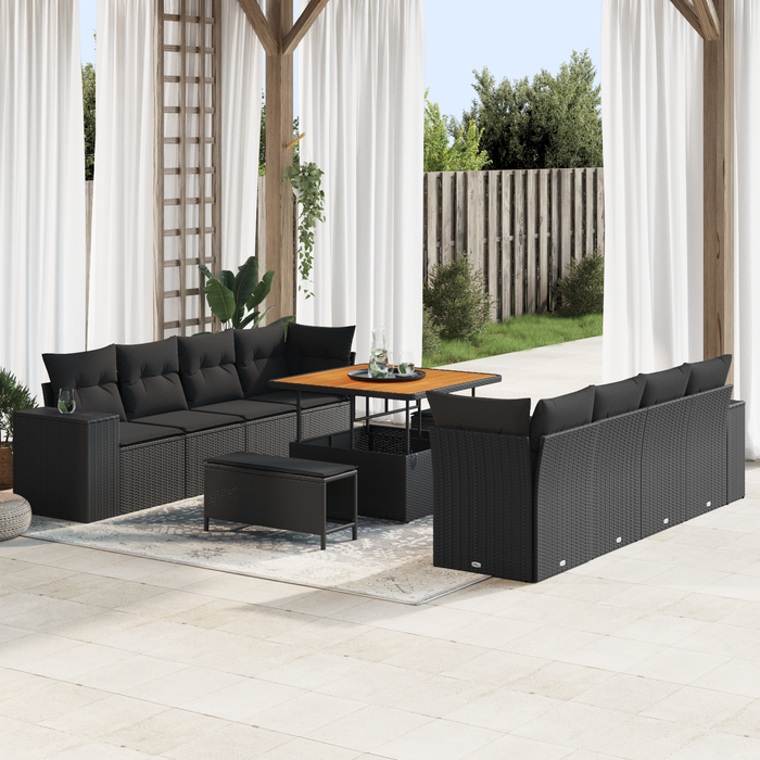 Set giardino 11 pezzi con cuscini Nero Polyrattan Acacia