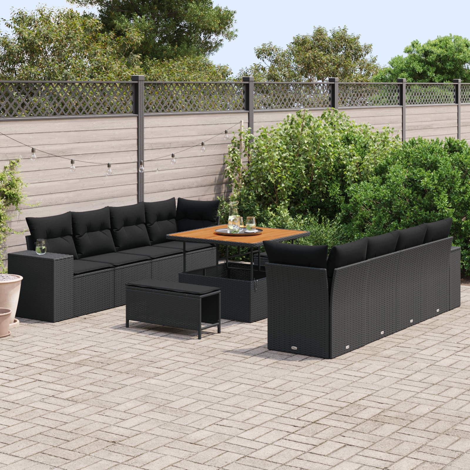 Set giardino 11 pezzi con cuscini Nero Polyrattan Acacia