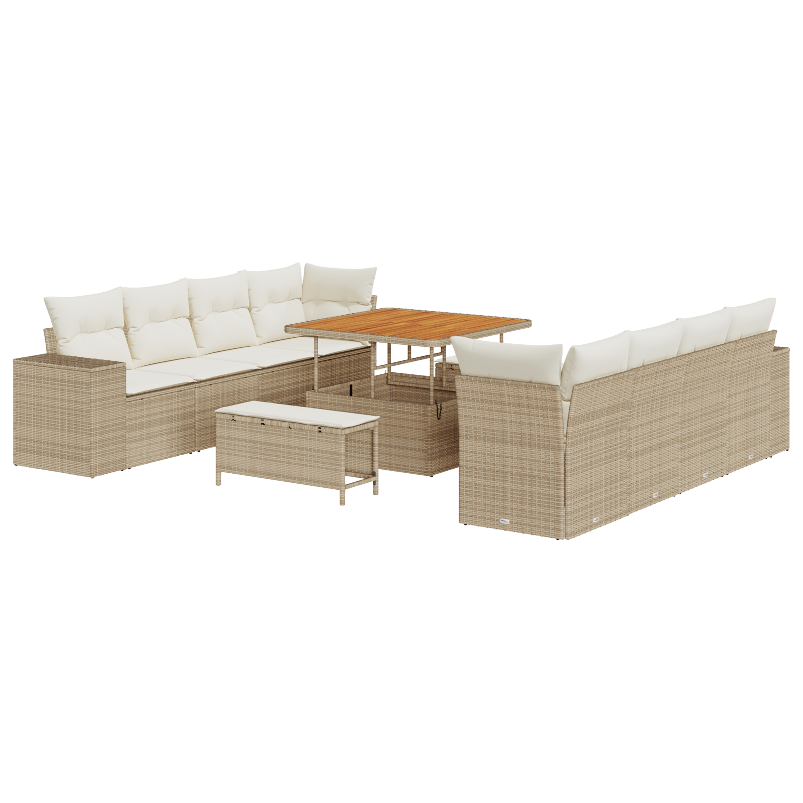 Set di Divani da Giardino da 11 Pezzi con Cuscini Beige in Rattan Polietilene Acacia