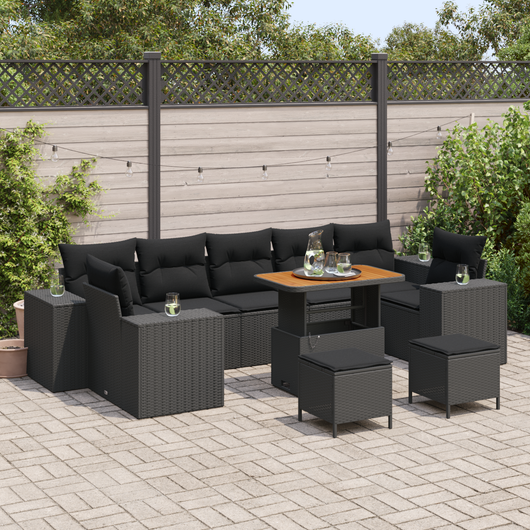 Set di Divani da Giardino  con Cuscini Nero Polyrattan Acacia