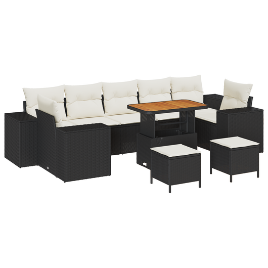 Set Divano da Giardino 10 Pezzi con Cuscini Rattan Nero Poly Acacia