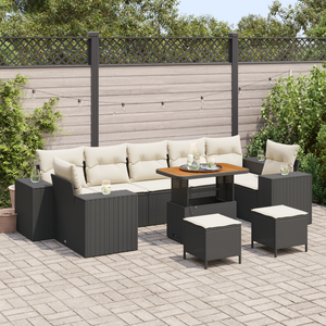 Set Divano da Giardino 10 Pezzi con Cuscini Rattan Nero Poly Acacia