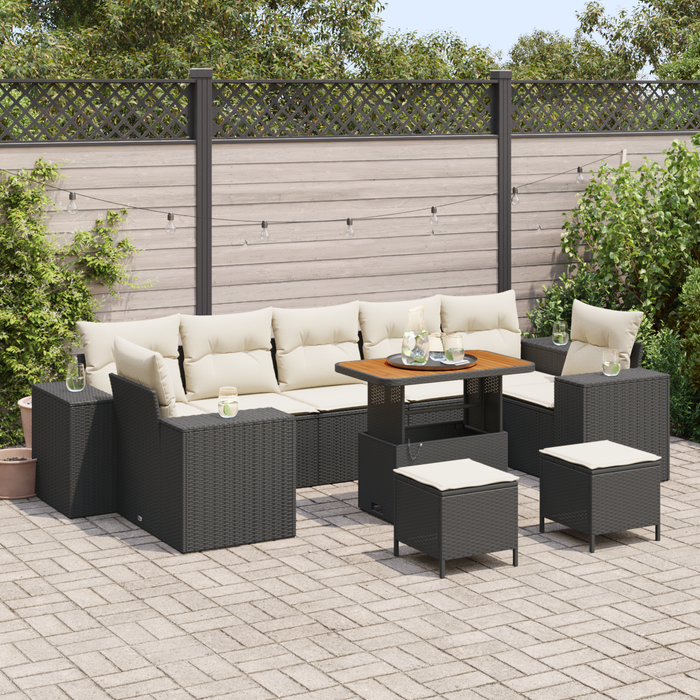 Set Divano da Giardino 10 Pezzi con Cuscini Rattan Nero Poly Acacia