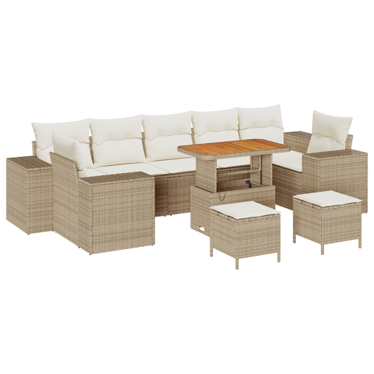 Set di Sofà da Giardino da 10 Pezzi con Cuscini Beige Polyrattan Acacia