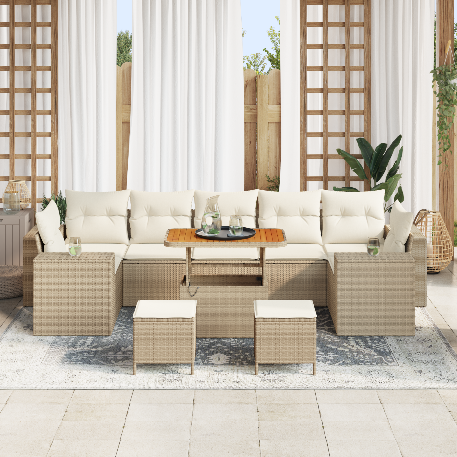 Set di Sofà da Giardino da 10 Pezzi con Cuscini Beige Polyrattan Acacia