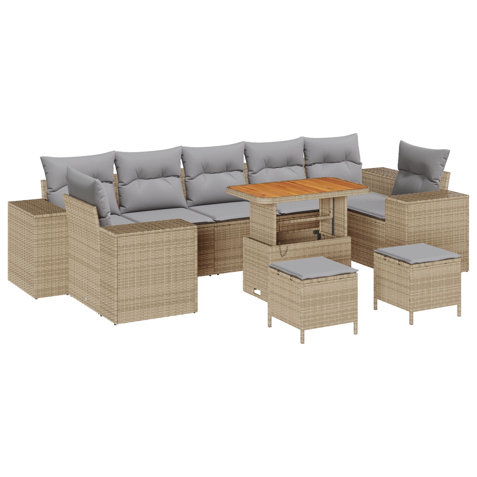 Set da giardino 10 pezzi con cuscini rattan beige in poliestere acacia