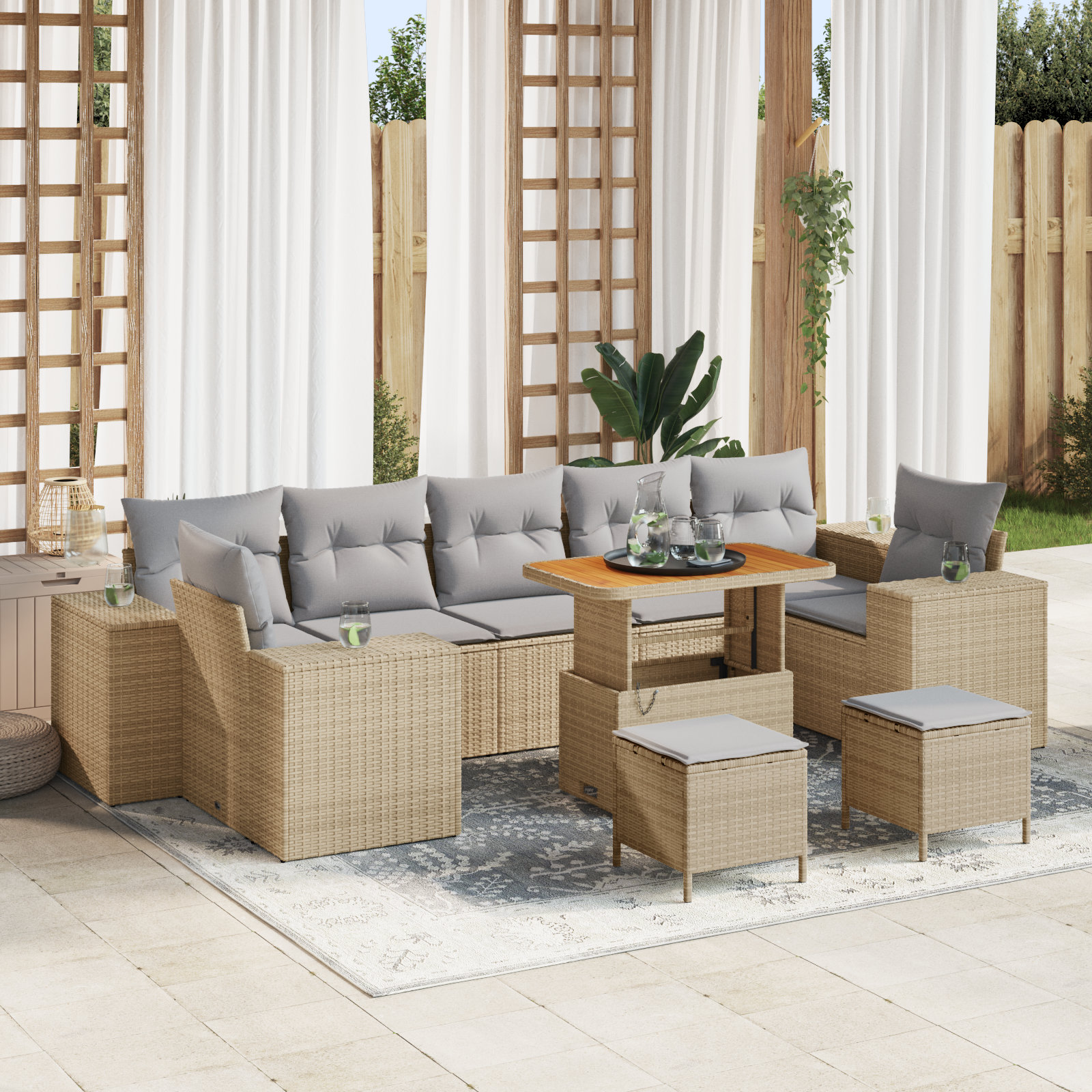 Set da giardino 10 pezzi con cuscini rattan beige in poliestere acacia