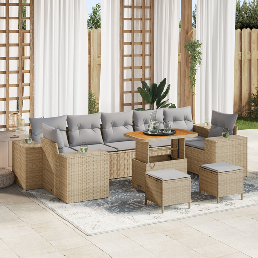 Set da giardino 10 pezzi con cuscini rattan beige in poliestere acacia