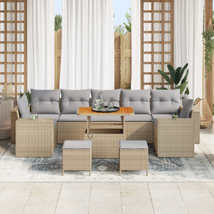Set da giardino 10 pezzi con cuscini rattan beige in poliestere acacia