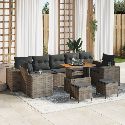 Set divano da giardino  con cuscini grigi in rattan polivinilico e acacia