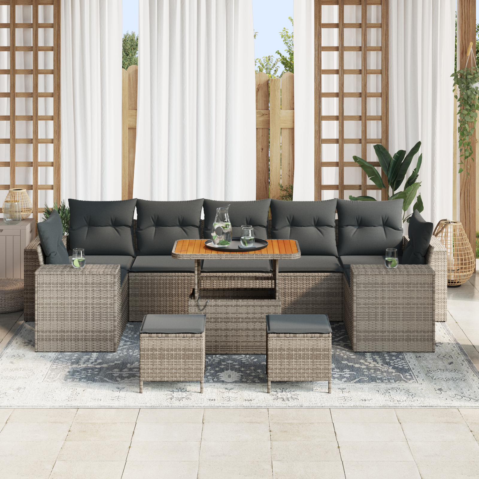 Set divano da giardino  con cuscini grigi in rattan polivinilico e acacia