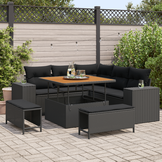 Set Divano da Giardino 8 Pezzi con Cuscini Nero Polyrattan Acacia