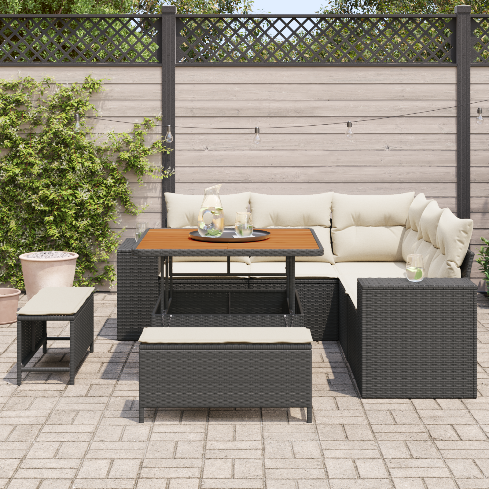 Set Divano da Giardino 8 Pezzi con Cuscini Rattan Nero Acacia