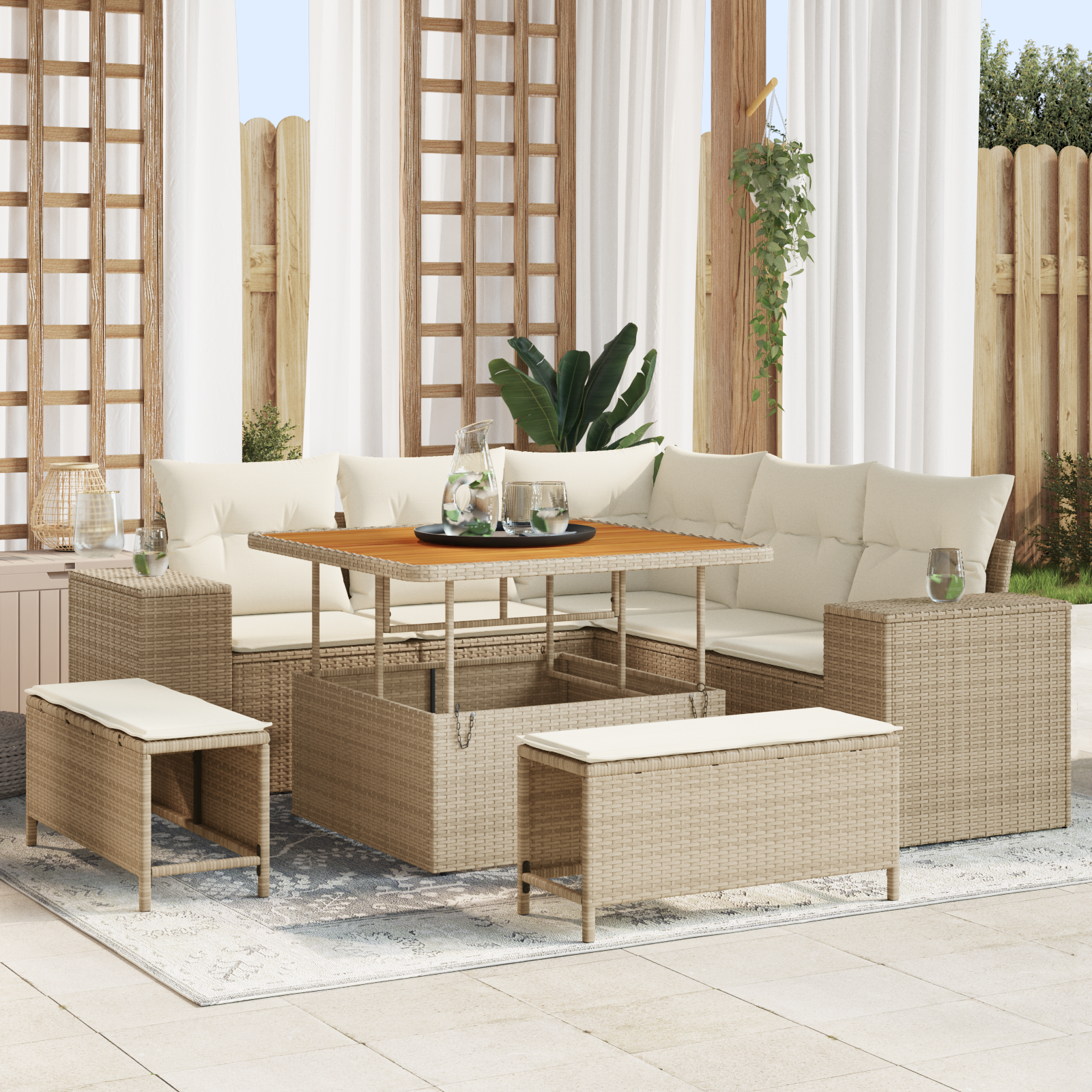 Set Divano da Giardino a 8 Pezzi con Cuscini Beige Polyrattan Acacia