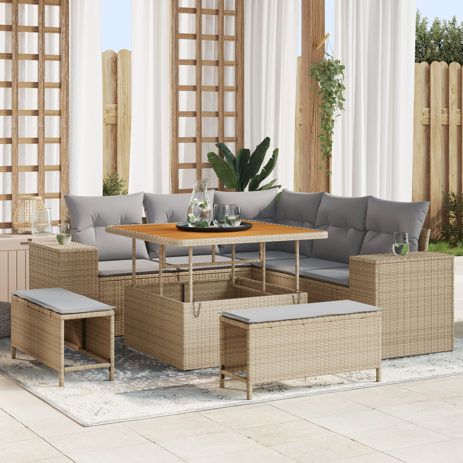 Set Divano da Giardino da 8 Pezzi con Cuscini Beige Rattan Poliestere