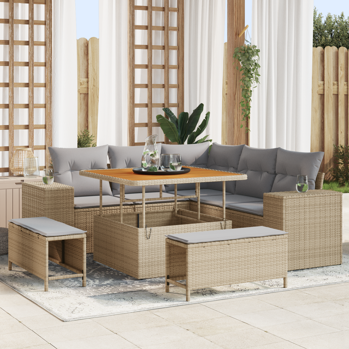 Set Divano da Giardino da 8 Pezzi con Cuscini Beige Rattan Poliestere