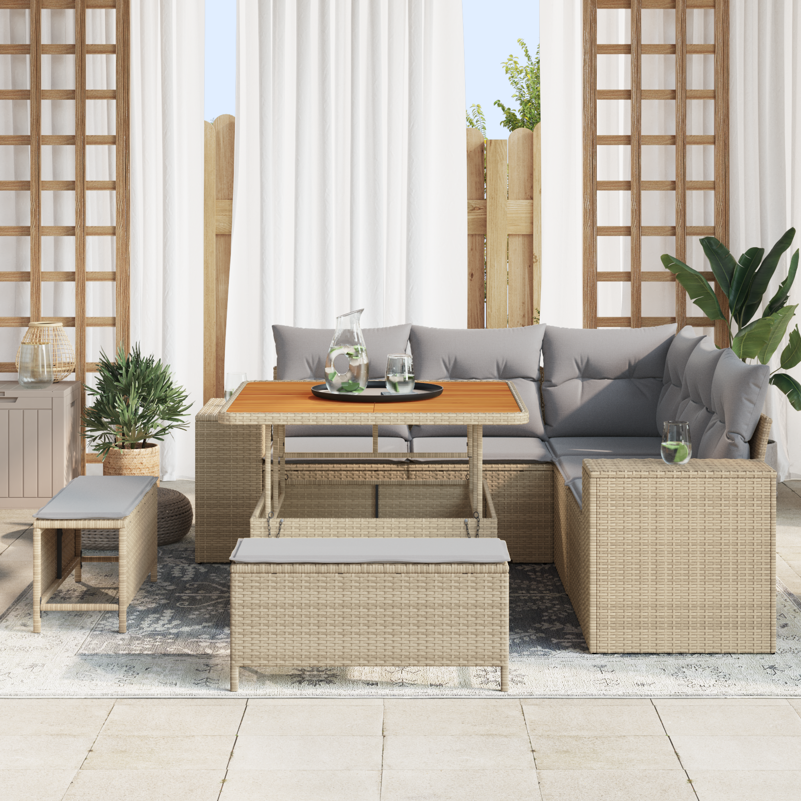 Set Divano da Giardino da 8 Pezzi con Cuscini Beige Rattan Poliestere