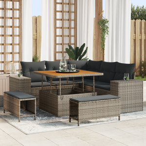 Set Divano da Giardino 8 Pezzi con Cuscini Grigio Polyrattan Acacia