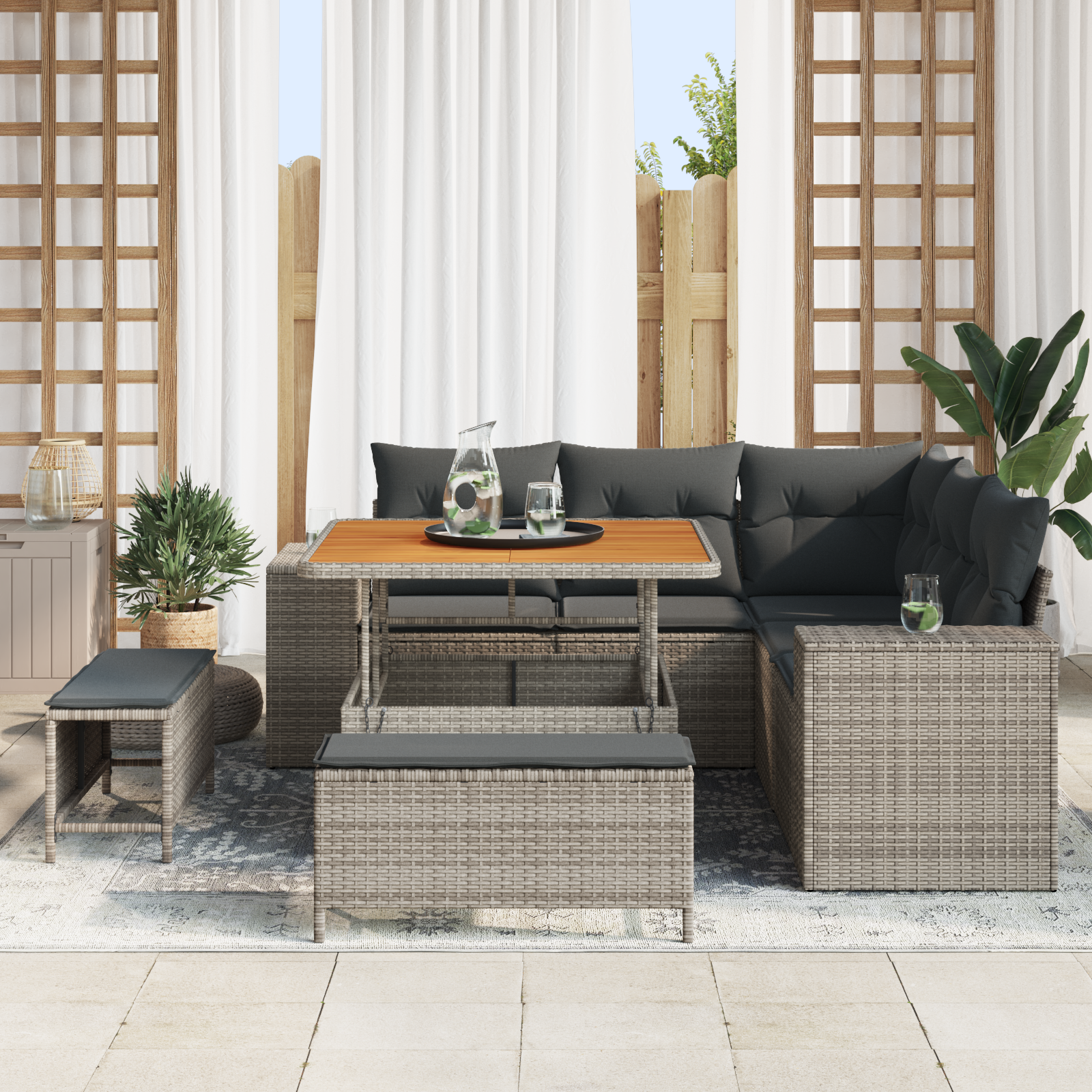 Set Divano da Giardino 8 Pezzi con Cuscini Grigio Polyrattan Acacia