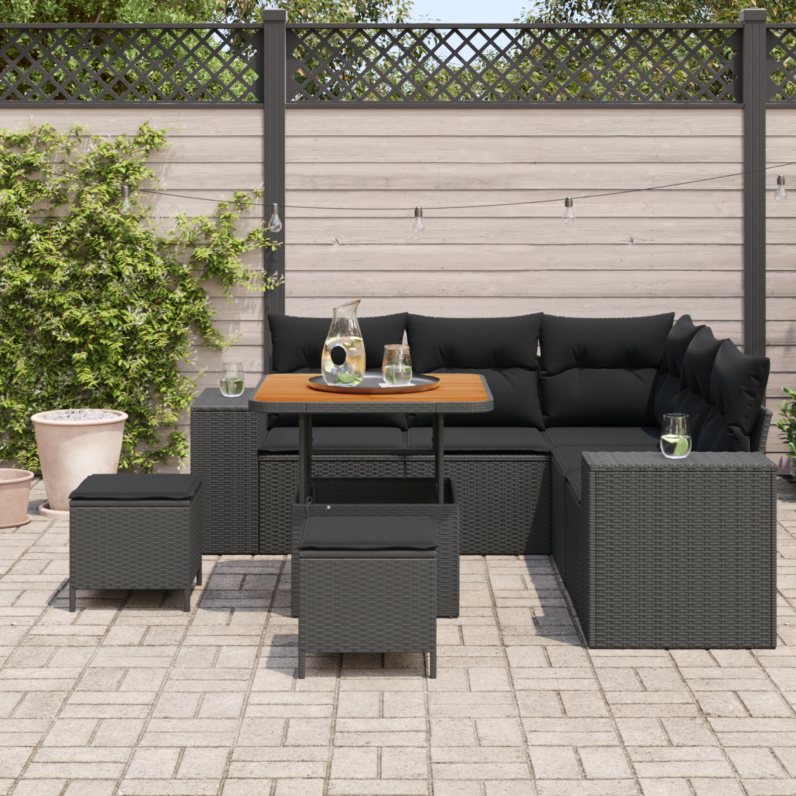 Set Divano Giardino 8 Pezzi con Cuscini Nero Polyrattan Acacia