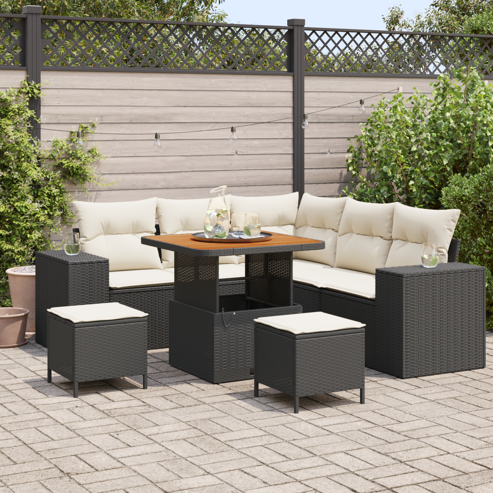 Set di Divano da Giardino  8 Pezzi con Cuscini Rattan Nero Acacia