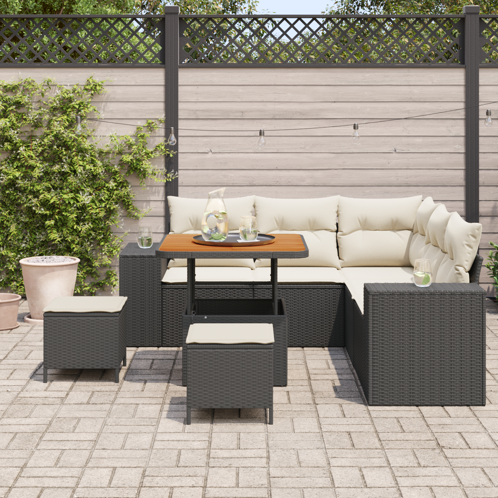 Set di Divano da Giardino  8 Pezzi con Cuscini Rattan Nero Acacia
