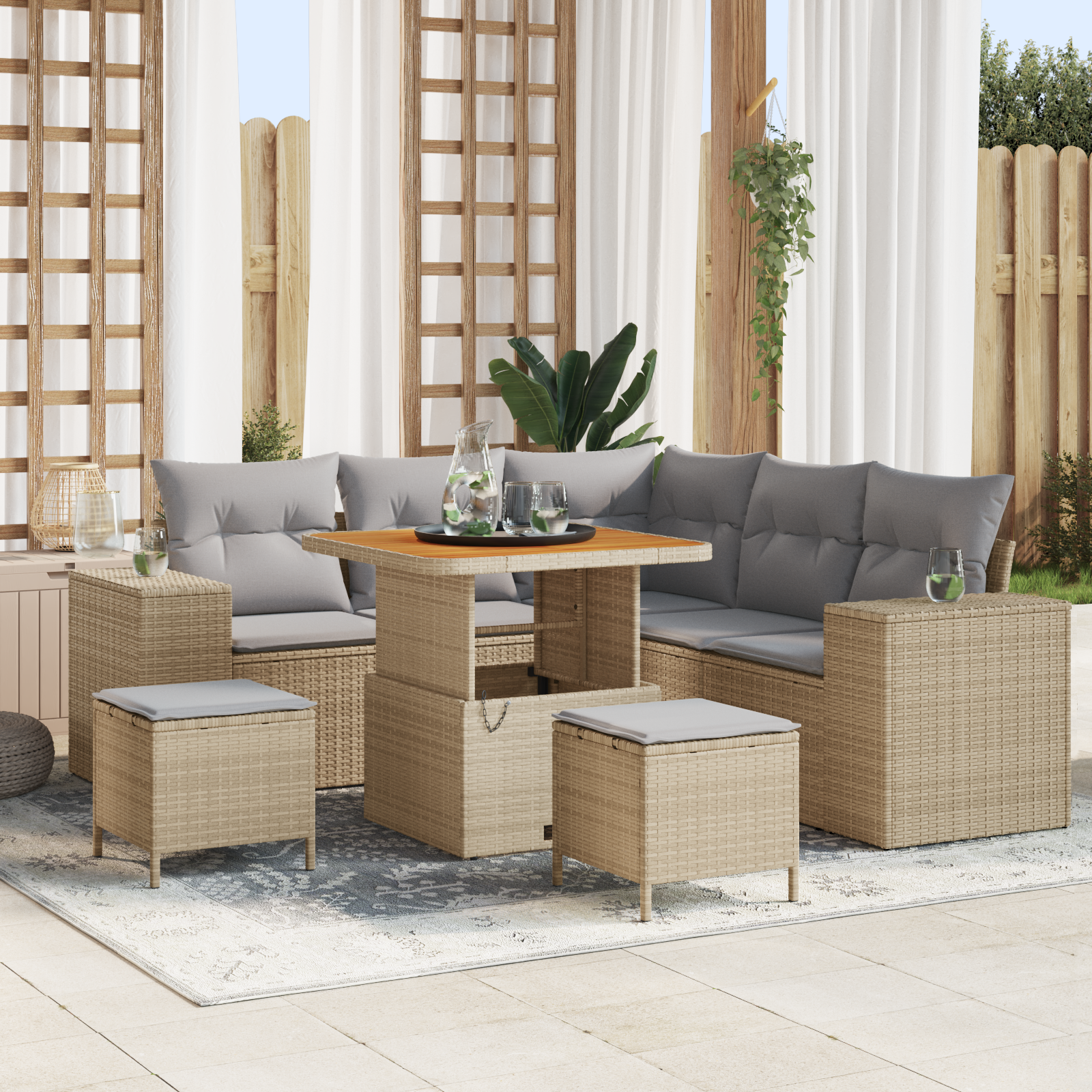 Set Divano da Giardino  da 8 Pezzi con Cuscini Beige Polyrattan Acacia