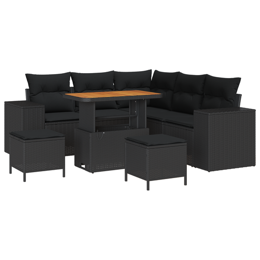 Set di divani modulari da giardino  8 pezzi con cuscini in polyrattan nero e acacia