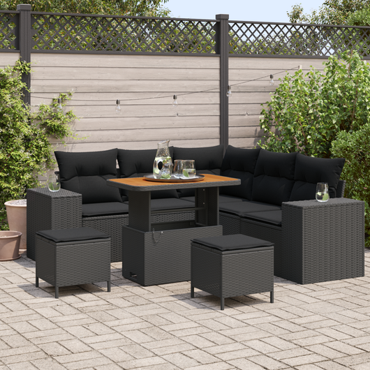 Set di divani modulari da giardino  8 pezzi con cuscini in polyrattan nero e acacia
