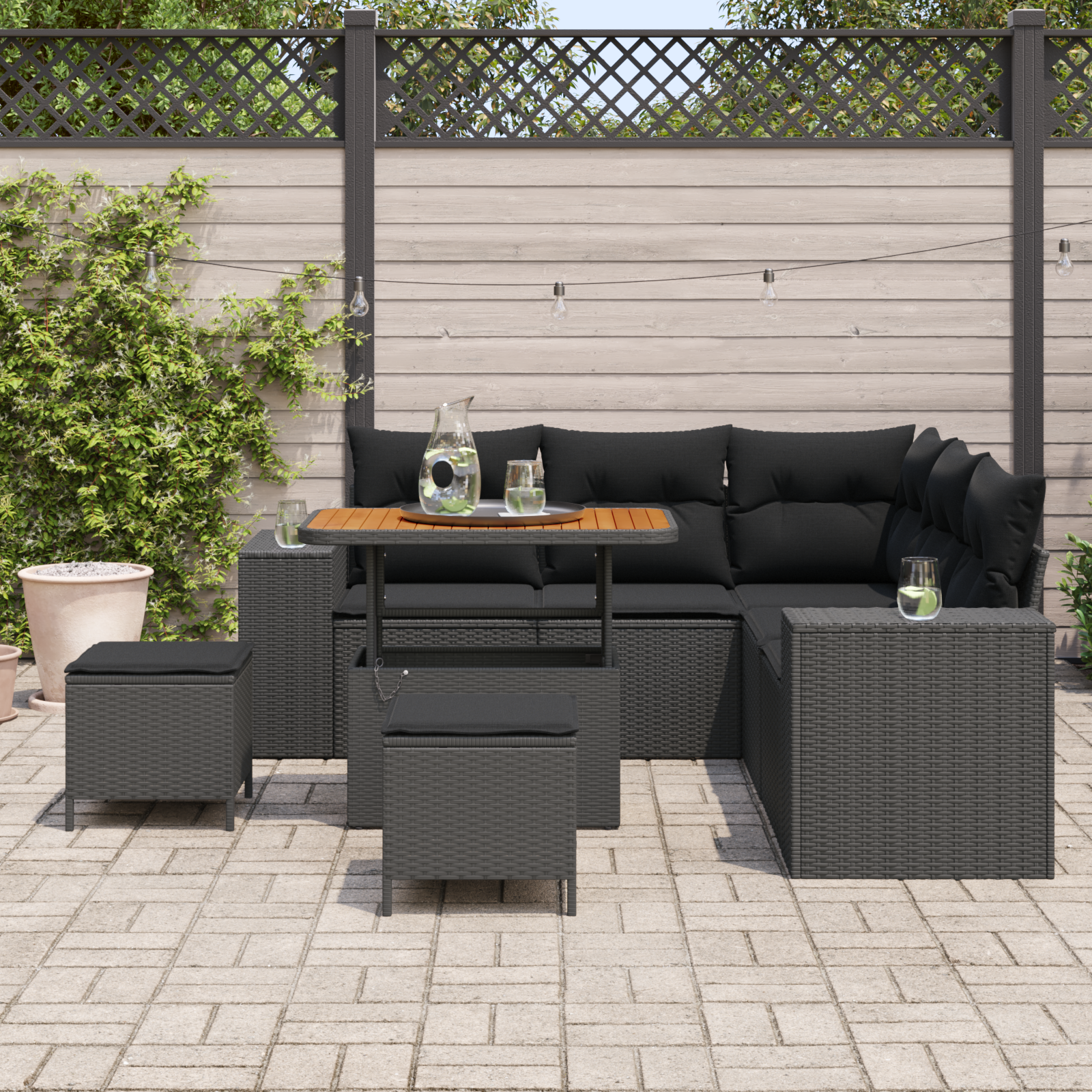 Set di divani modulari da giardino  8 pezzi con cuscini in polyrattan nero e acacia
