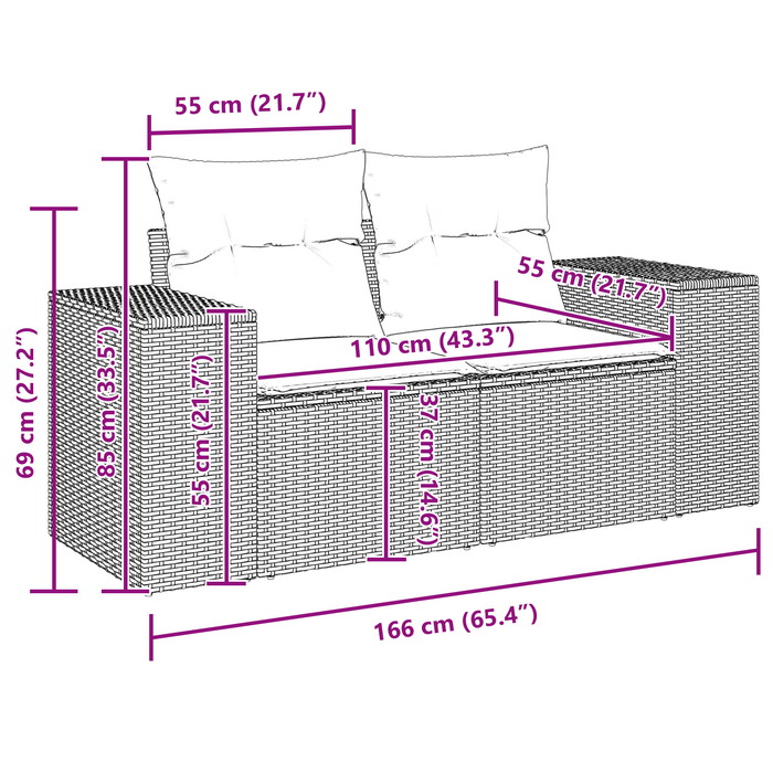 Set di divani modulari da giardino  8 pezzi con cuscini in polyrattan nero e acacia