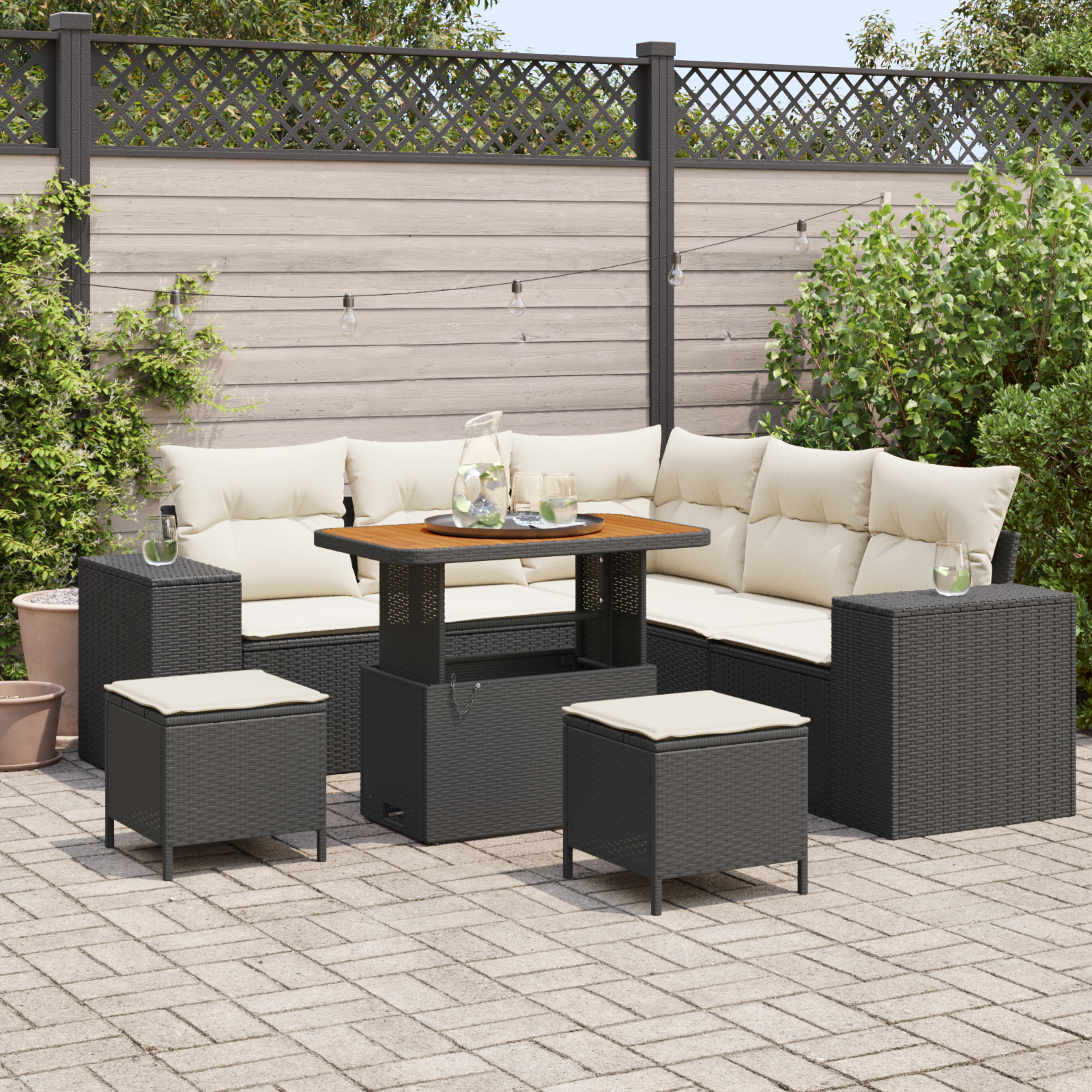 Set Divano Giardino 8 Pezzi con Cuscini Nero Polyrattan Acacia