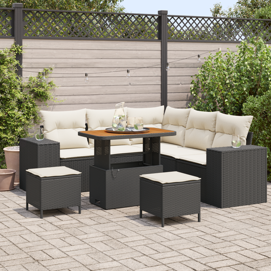 Set Divano Giardino 8 Pezzi con Cuscini Nero Polyrattan Acacia