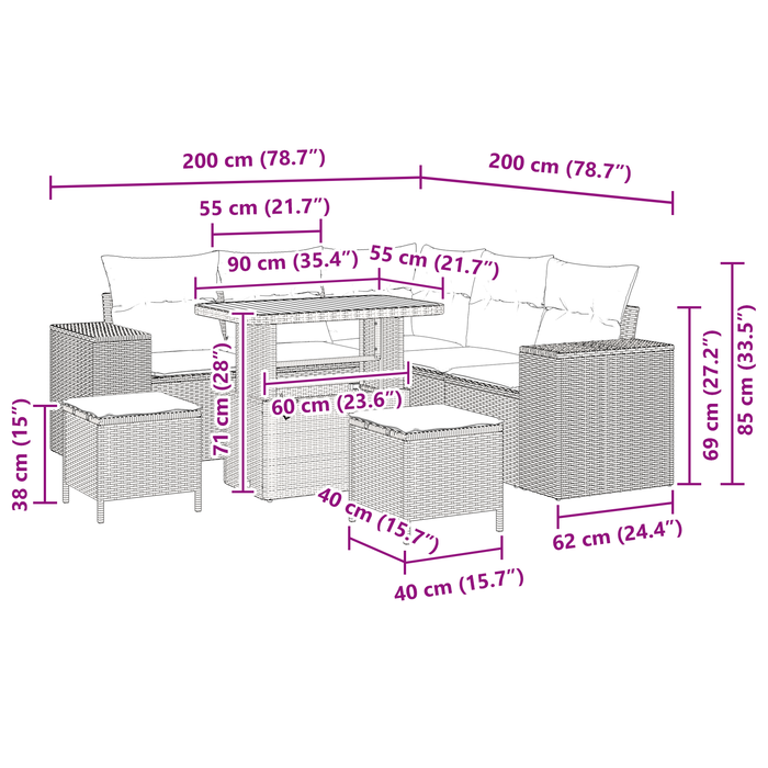 Set Divano Giardino 8 Pezzi con Cuscini Nero Polyrattan Acacia