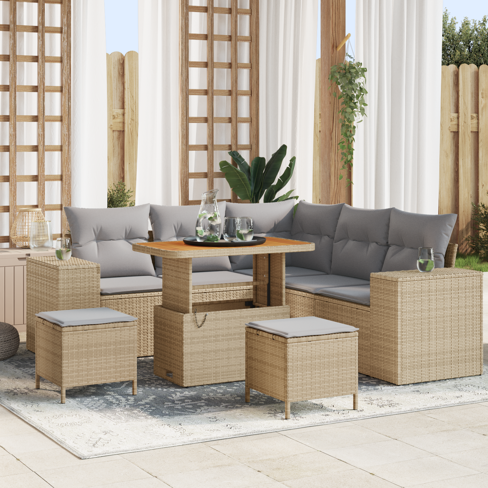 Set Divano Giardino a 8 Pezzi con Cuscini Beige Polirattan Acacia