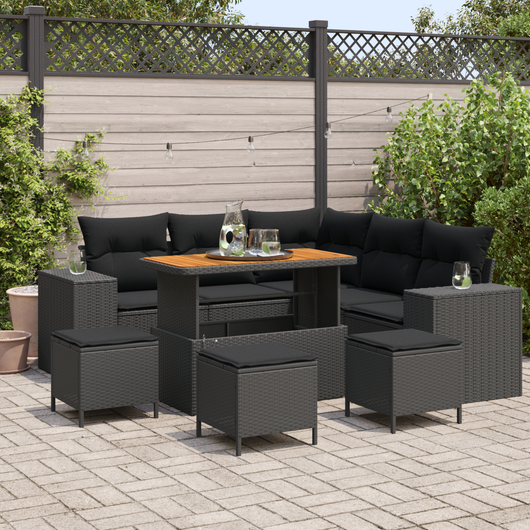 Set di Divani da Giardino  9 Pezzi con Cuscini Nero Polyrattan Acacia