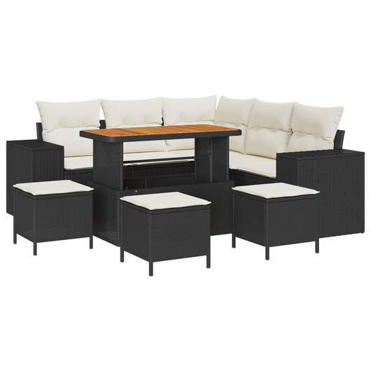 Set Divano Giardino 9 Pezzi Cuscini Rattan Nero Acacia
