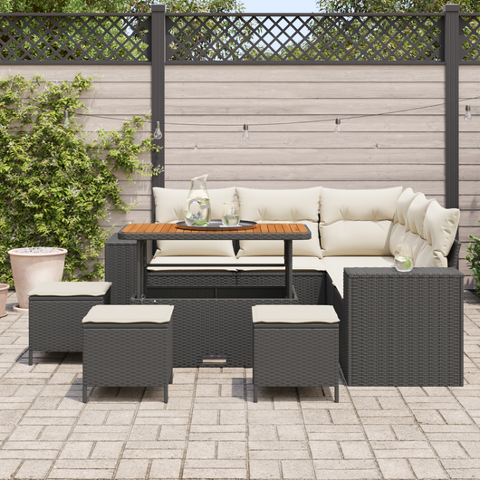 Set Divano Giardino 9 Pezzi Cuscini Rattan Nero Acacia