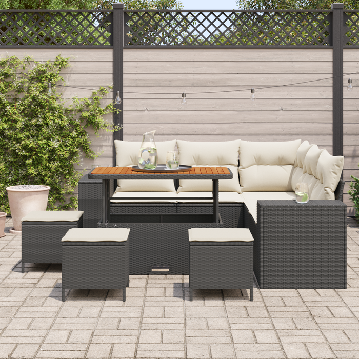 Set Divano Giardino 9 Pezzi Cuscini Rattan Nero Acacia
