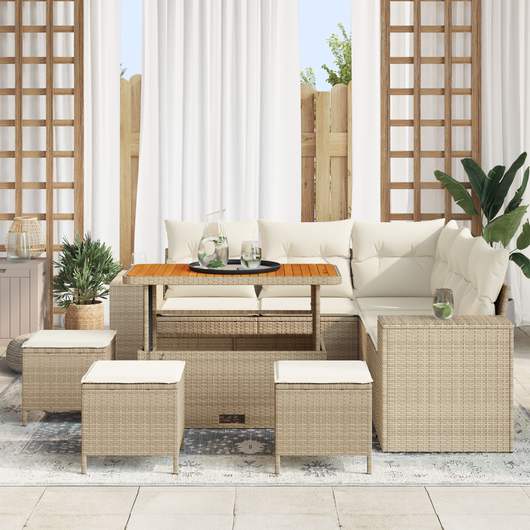 Set Divano da Giardino 9 Pezzi con Cuscini Beige Rattan Composito Acacia