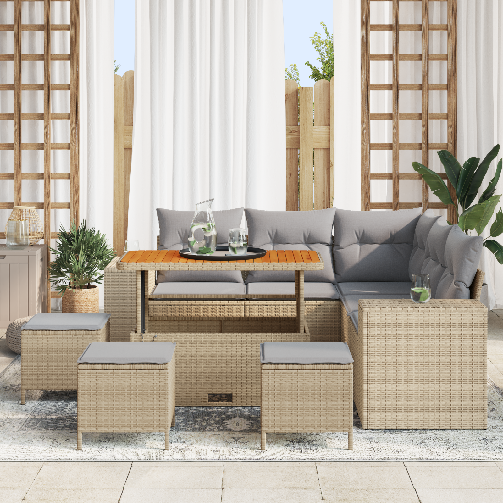 Set Divano Giardino 9 Pezzi con Cuscini Beige Rattan Acacia
