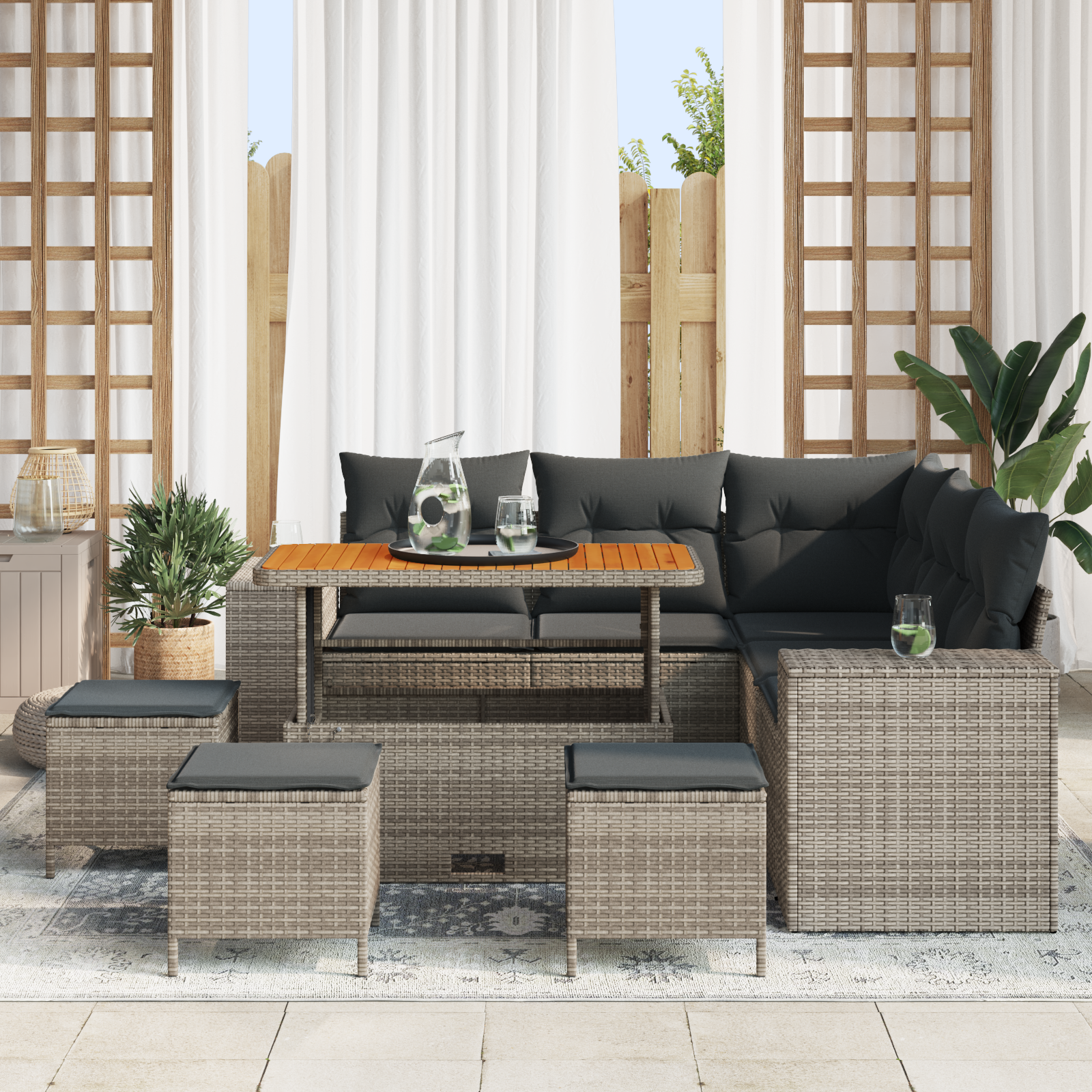 Set Divano Giardino da 9 Pezzi con Cuscini Grigio Polyrattan Acacia