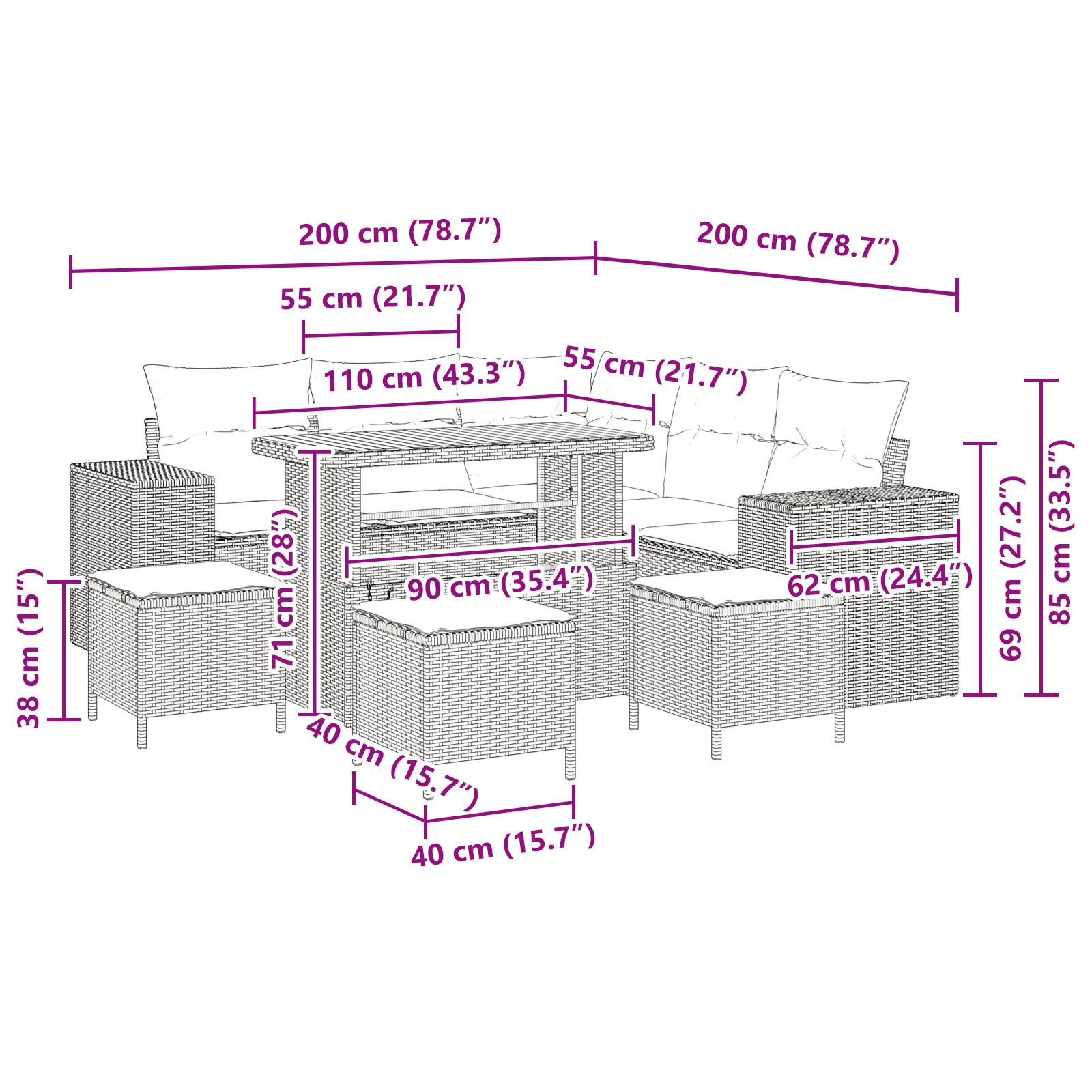 Set Divano Giardino da 9 Pezzi con Cuscini Grigio Polyrattan Acacia