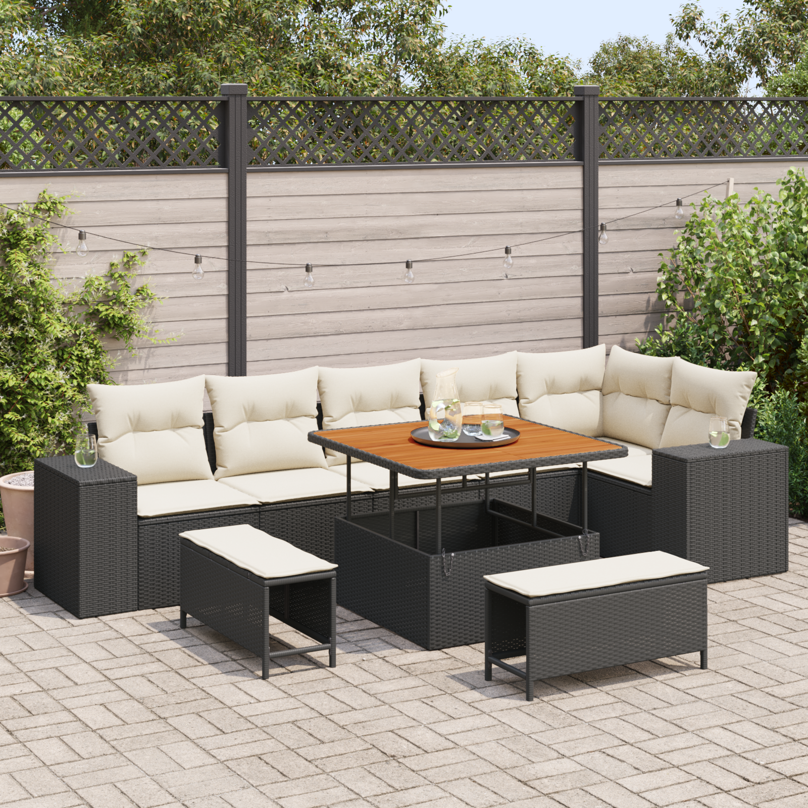 Set di Divani da Giardino  9 Pezzi con Cuscini Polyrattan Nero Acacia